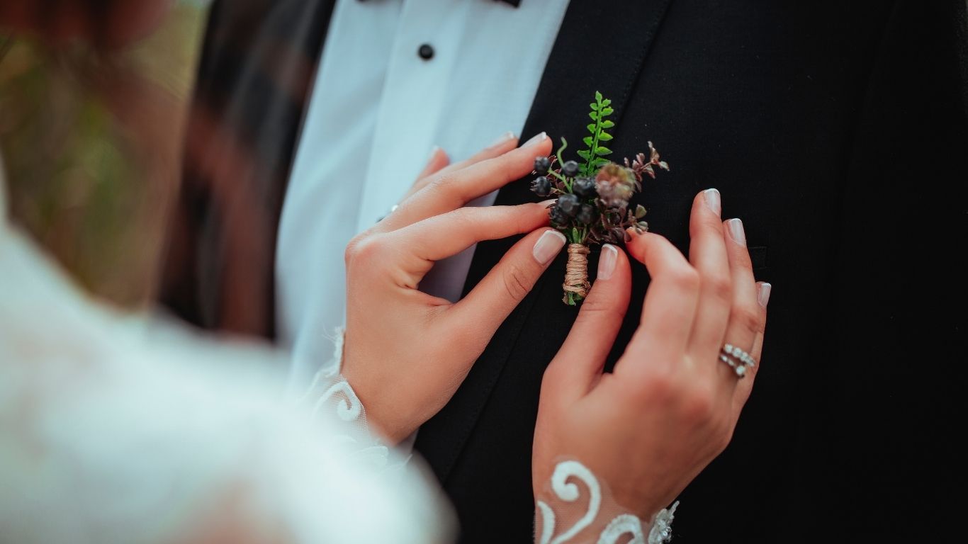 Close-up detail of a wedding boutonniere