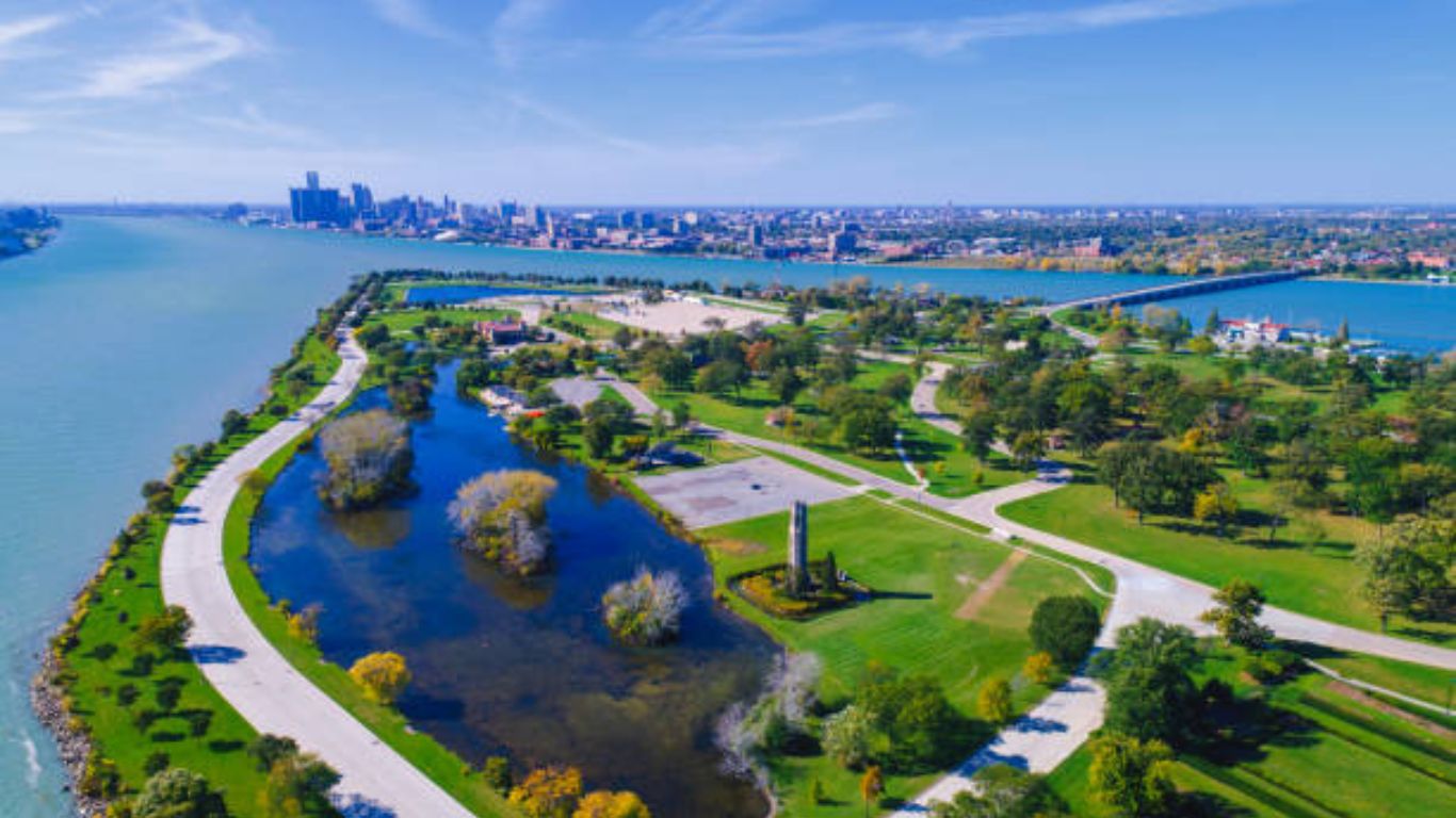 Detroit riverfront aerial
