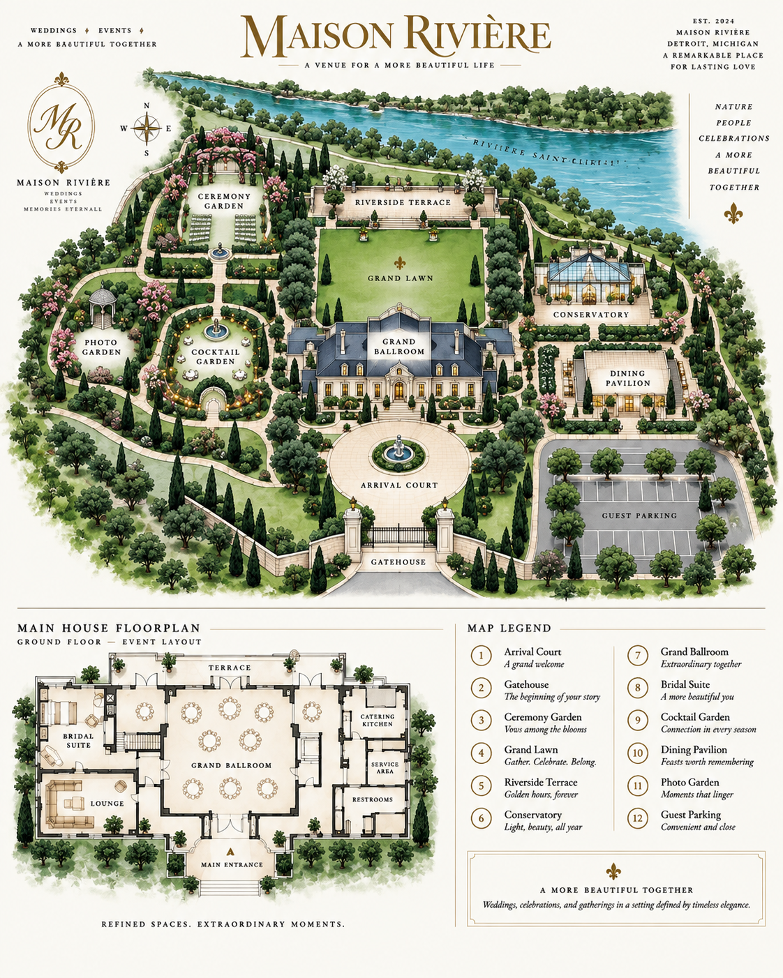 Maison Rivière estate map and floorplan